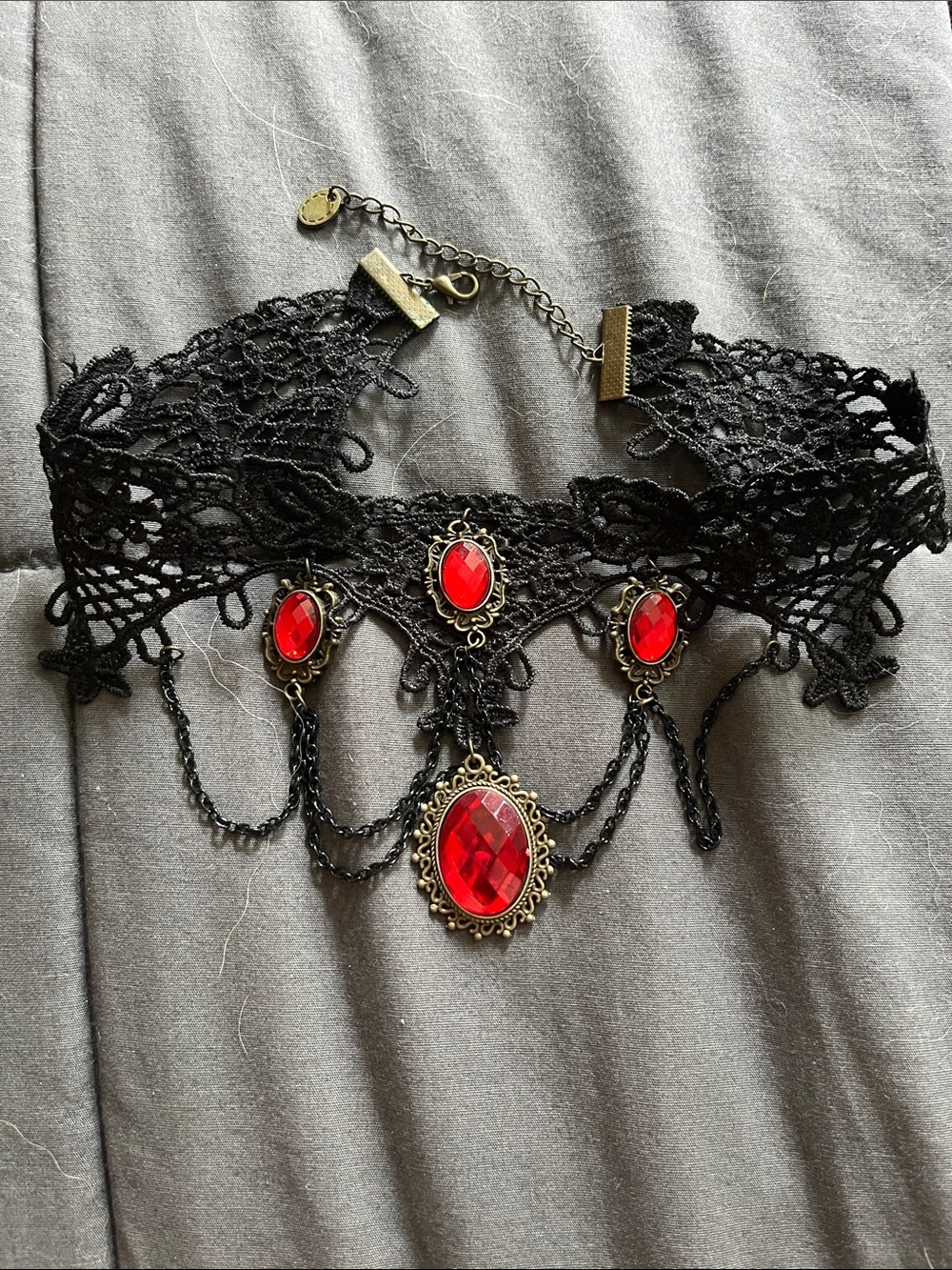 Black Lace Choker Necklace with Red Gem Accents